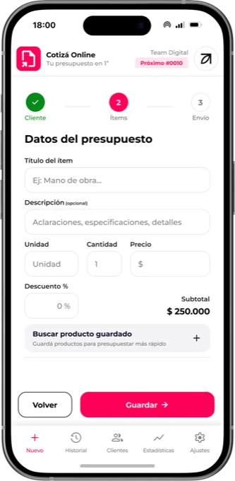 Presupuestador Online — la app en el celular